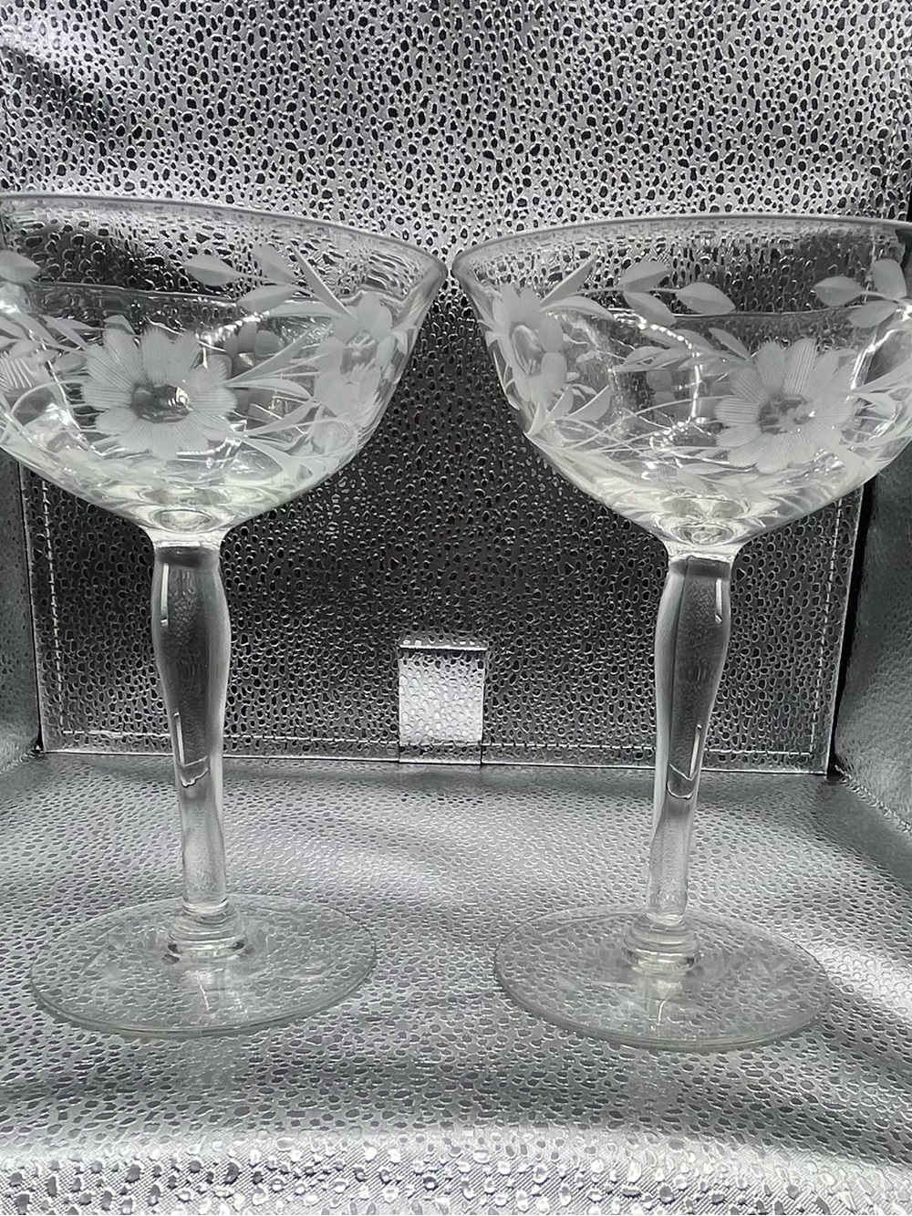 Etched Floral Coupe Glasses - Clear Crystal (Set of 2)